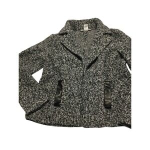Carole Wren Grey Boucle Knit Jacket Faux Leather Trim Open Front Womens Size M